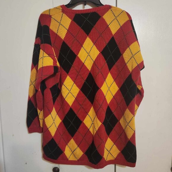 Vtg 90s XL Gap Red Black Yellow Argyle Diamond Oversized V Neck Tunic Sweater - Picture 2 of 6